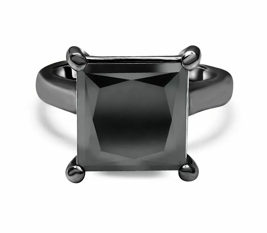 Princess Cut Black Diamond Solitaire Ring 14K Black Gold Plated