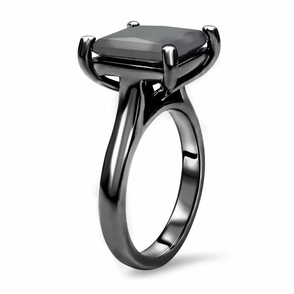Princess Cut Black Diamond Solitaire Ring 14K Black Gold Plated