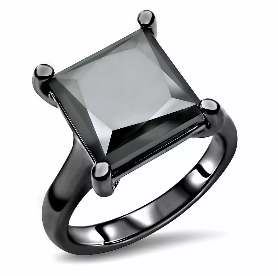 Princess Cut Black Diamond Solitaire Ring 14K Black Gold Plated